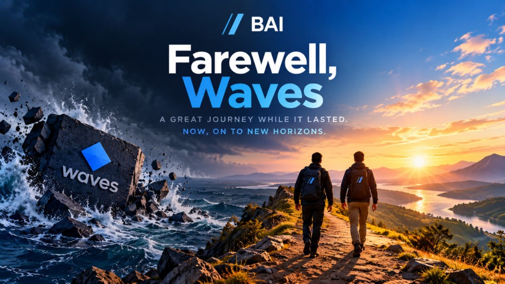 Farewell, Waves. Two people walk a mountain path toward the sunrise, leaving a breaking Waves stone in the storm. A great journey while it lasted. Now, on to new horizons.